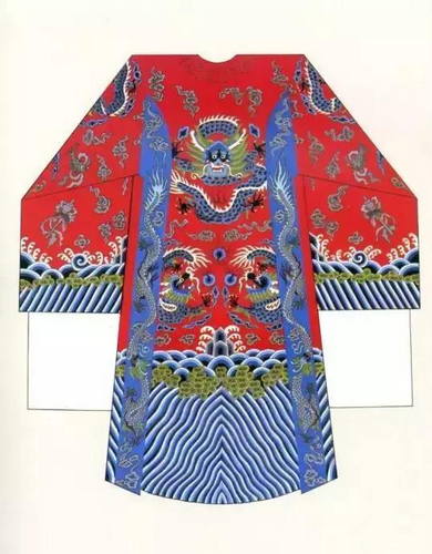 Red male dragon robe: The most commonly used dragon robe for roles such as
emperors and officials on the opera stage.
